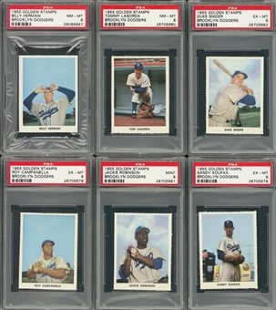 1955 Golden Stamps "Brooklyn Dodgers" Complete Set (32) Including PSA MINT 9 Robinson Example, Plus Book